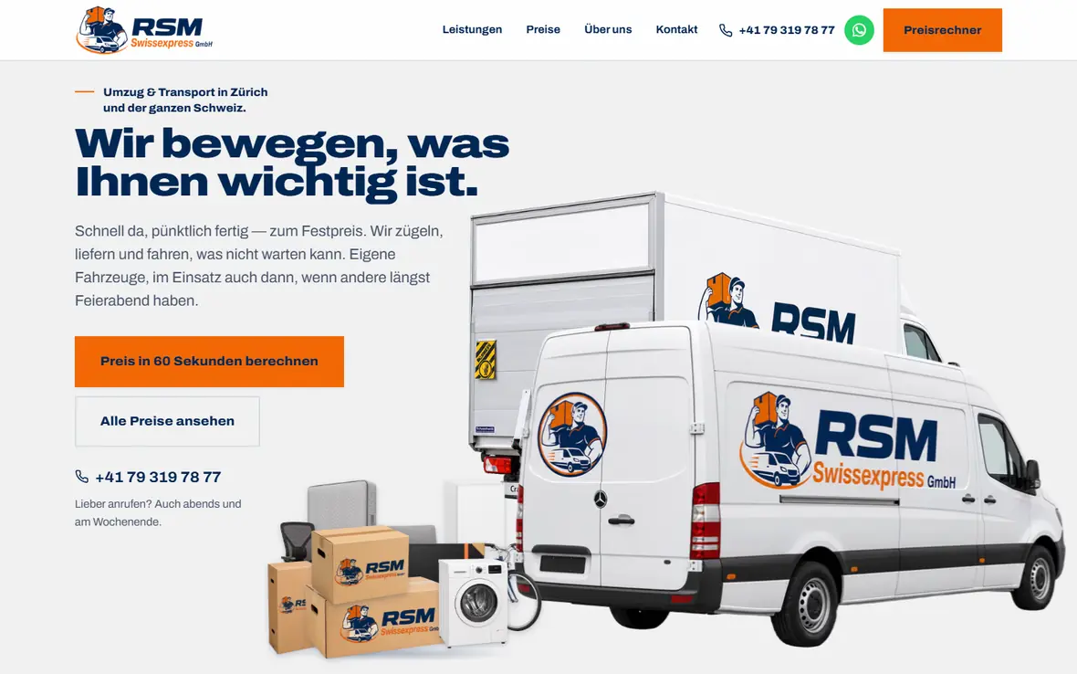 Startseite von rsm-swissexpress.ch: Lieferwagen der RSM swissexpress vor weissem Grund, Titel «Wir bewegen, was Ihnen wichtig ist», Taste «Preis in 60 Sekunden berechnen».