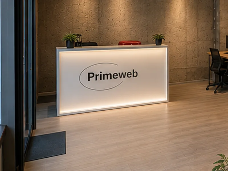 Empfangsbereich der Primeweb GmbH mit beleuchtetem Tresen.